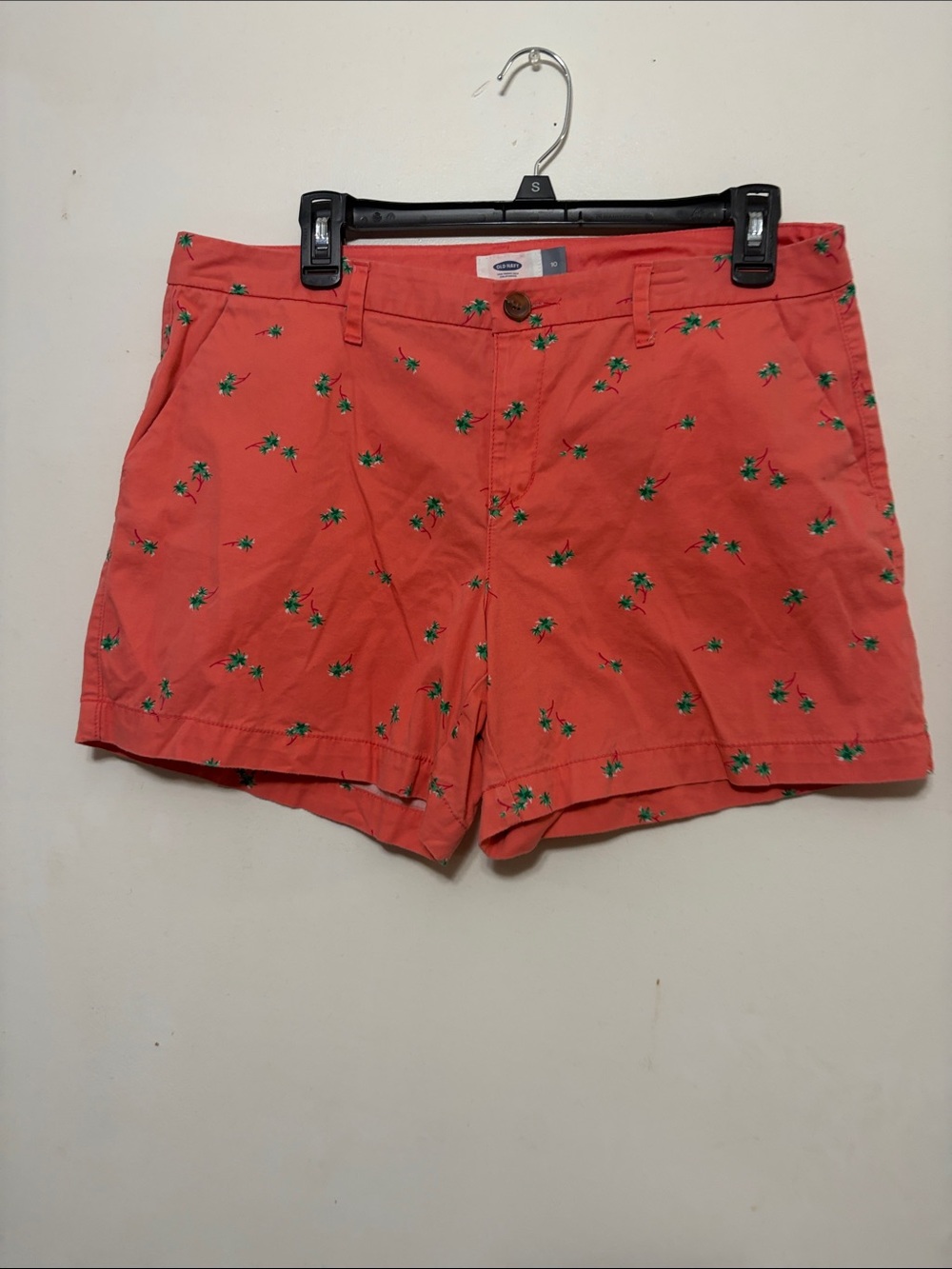 Old Navy Coral Bermuda Shorts with Tiny Green Palm Embroidery